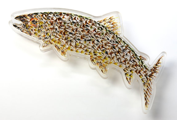 Pearly Invicta: Brown trout, 2013. Trout flies cast in resin on Perspex. 54 x 27cm.