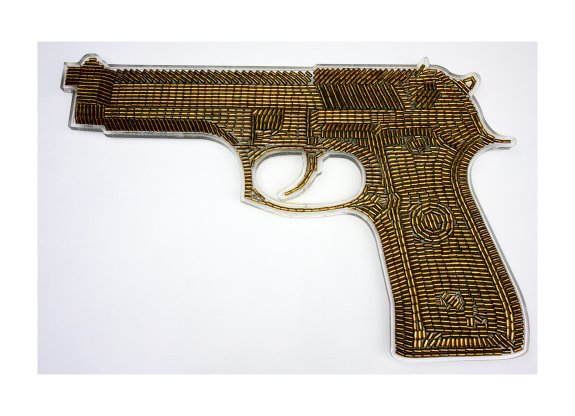 Golden Gun I, 2009. Oil on empty bullet shells in resin on perspex. 125 x 80cm.