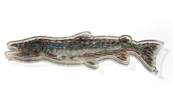 Gill Roy: Large salmon, 2013. Salmon flies and glitter dust cast in resin on Perspex. 81 x 20cm. 