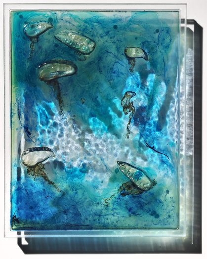 Noreaster, 2015. Bluebottles, pigment and phosphorescent powder in resin on perspex.  25 x 32cm. 