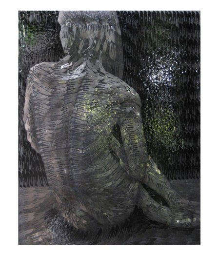 Seated Nude, 2007. Oil on scalpel blades in resin on perspex. 64 x 82cm.