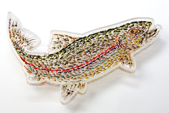 Golden Dabbler: Splashing Rainbow Trout., 2013. Trout flies cast in resin on Perspex. 61 x 41cm.