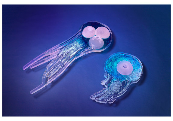 , <em>Elongated Jellyfish (Scaramanga)</em>, 2013 - Silicone breast implants, plastic and pigmented, UV sensitive, resin on Perspex. 85 x 31cm. 

<em>Jellyfish in the Current</em>, 2013 - Silicone breast implant and packaging plastic cast in pigmented, phosphorescent resin on Perspex. 50 x 30cm.  