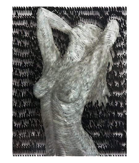 Woman Bathing, Oil on surgical scalpel blades in resin on perspex. 64 x 82cm.