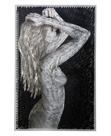 Woman brushing her hair, 2012. Oil on surgical scalpel blades in resin on Perspex. 100 x 64cm.